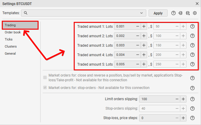 Setting traded amounts in the CScalp terminal