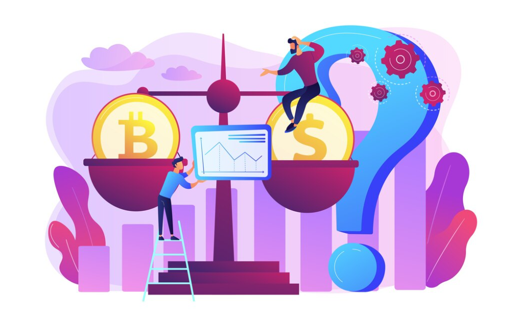 Day Trading vs. Investing: An image of two people on a scale, with icons related to trading and investments