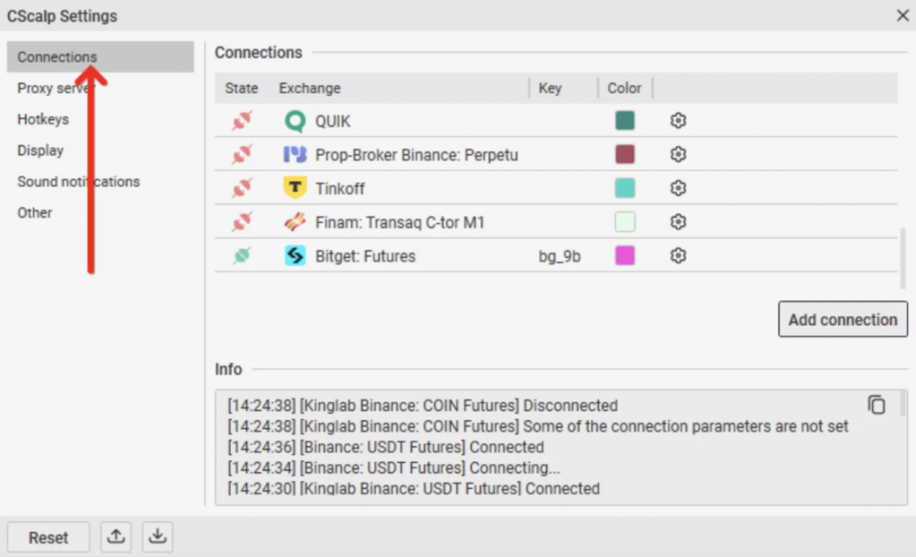 How to trade on Bitget: CScalp Connections