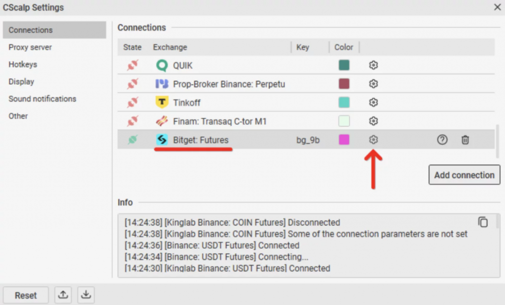 How to trade on Bitget: CScalp Connections Settings