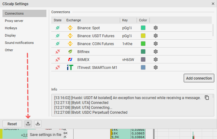 CScalp’s “Settings” tab with an “Export” icon highlighted in red