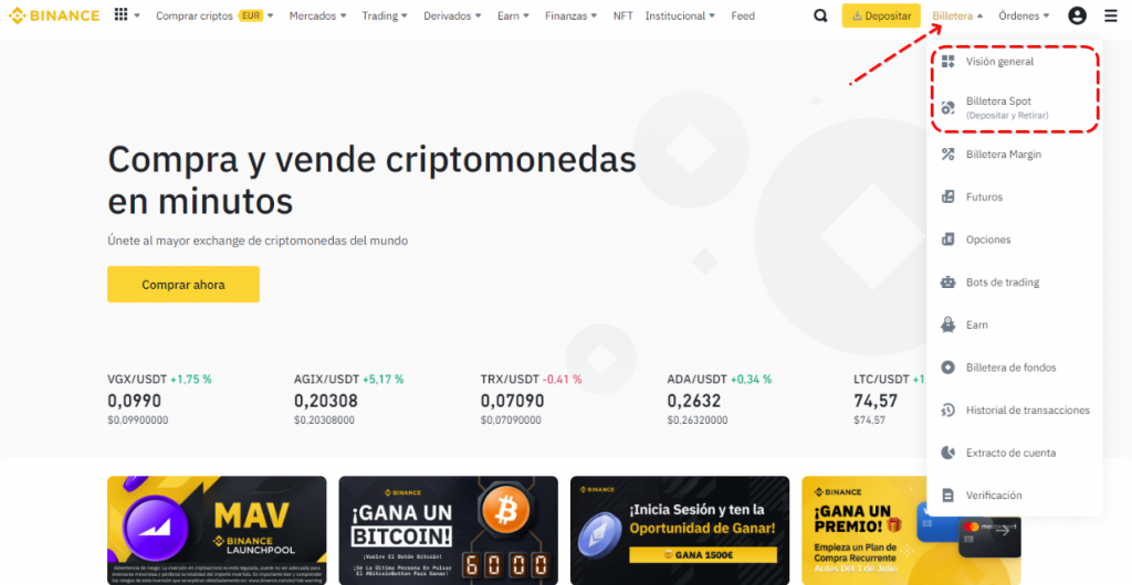 Cómo retirar dinero de Binance – Interfáz de Binance con el botón Visión General