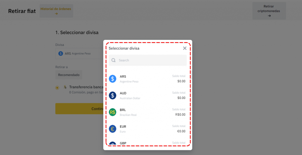 Cómo retirar dinero de Binance – Selección de divisas fiat para retirar de Binance