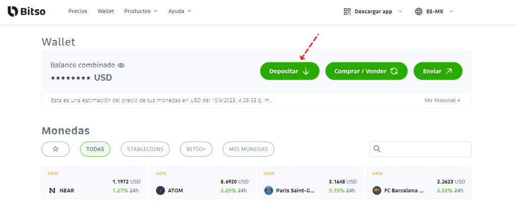 Ventana principal para retirar dinero de Binance a Bitso
