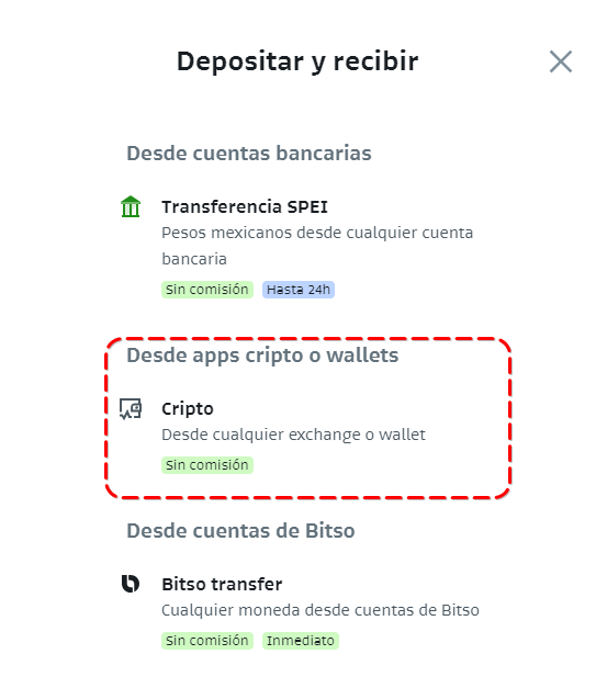 Ventana para seleccionar el deposito de cripto en Bitso