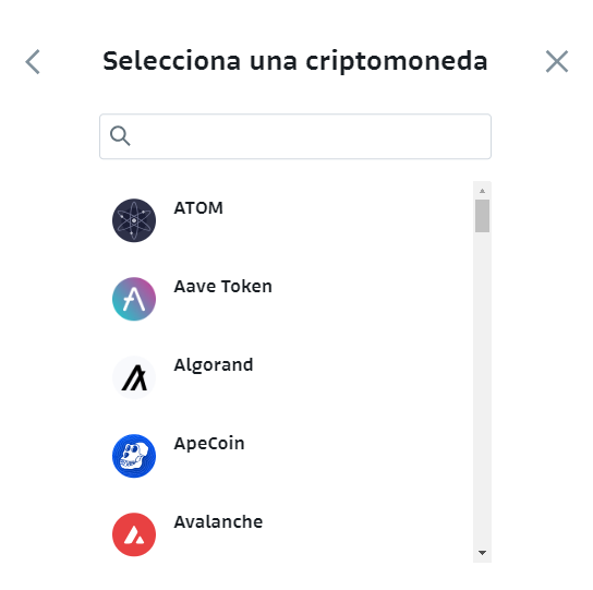 Menú para seleccionar la criptomoneda de depósito en Bitso
