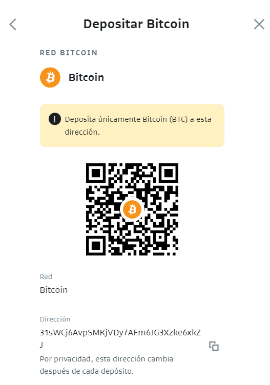 Información sobre el deposito de BTC a Bitso con código QR y dirección