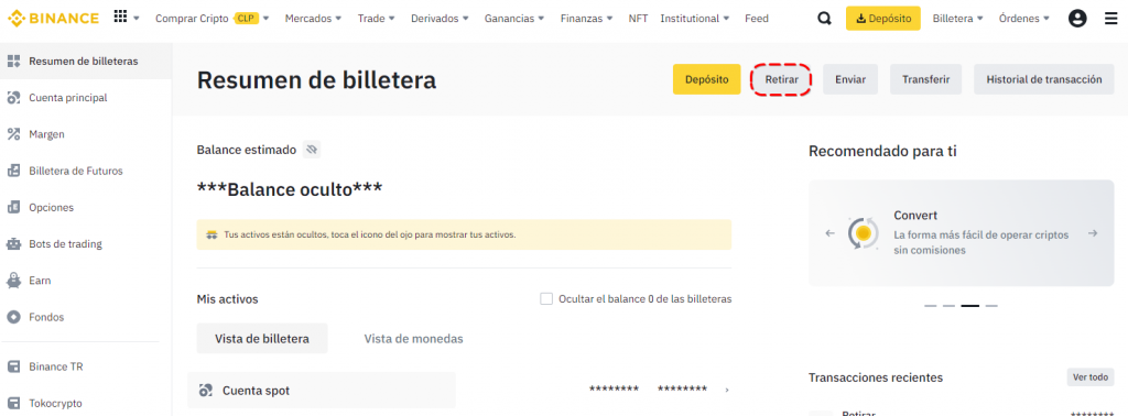 Botón retirar en la billetera de Binance