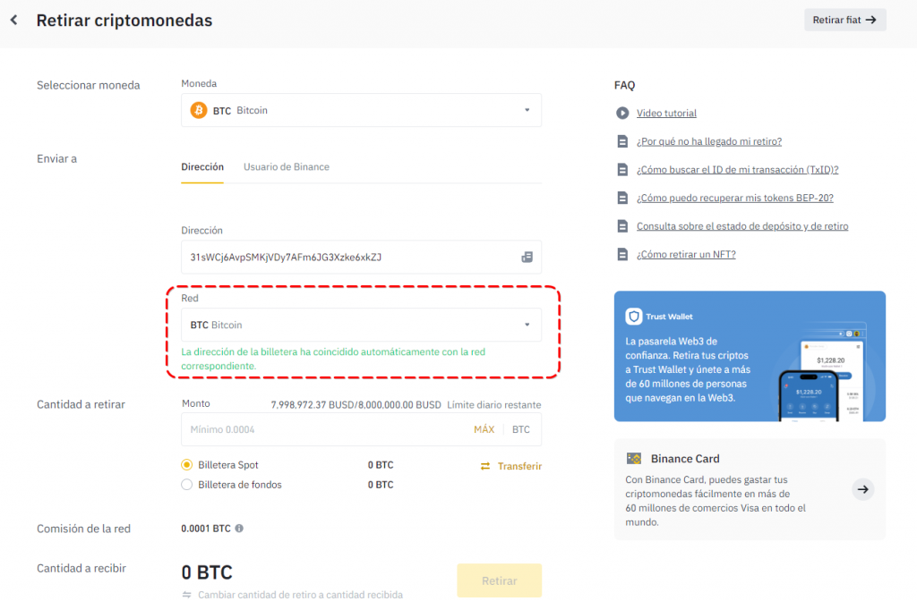 La ventana de retiro de criptomonedas en BInance con la opción de “Red” marcada en rojo