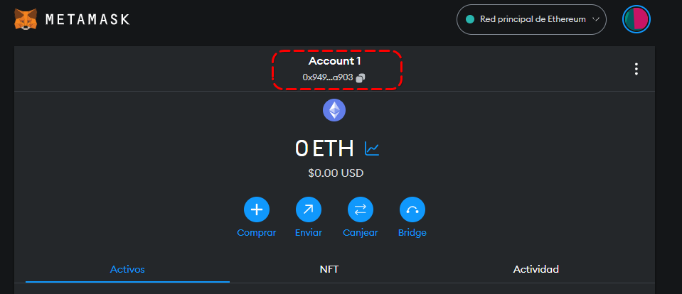 Opción para copiar la dirección de depósito de activos a MetaMask