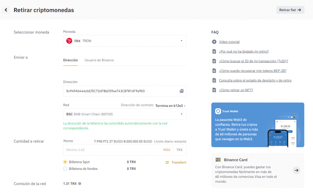 Como retirar criptomonedas de Binance a MetaMask