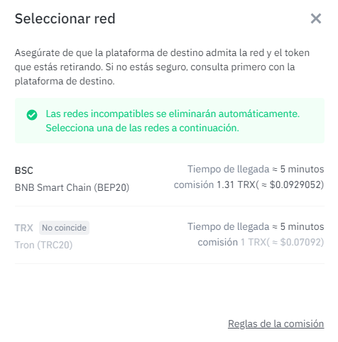 Selección de red para retirar dinero de Binance