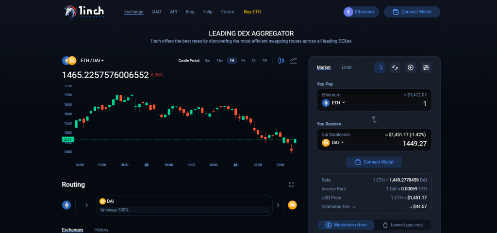  Exchanges descentralizados: la página principal del exchange descentralizado 1inch