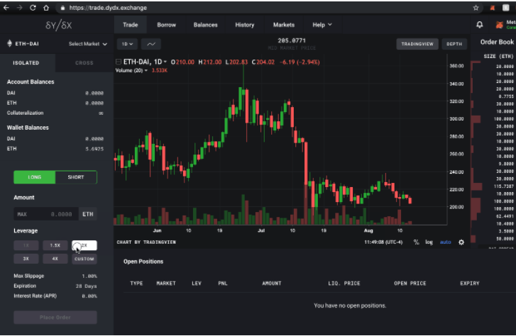 Exchanges descentralizados: la página principal del exchange descentralizado dYdX