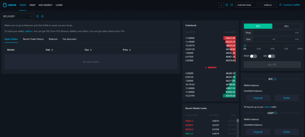 Exchanges descentralizados: la página principal del exchange descentralizado Serum Dex