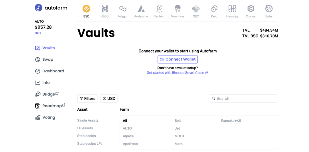 Exchanges descentralizados: la página principal del exchange descentralizado Autofarm