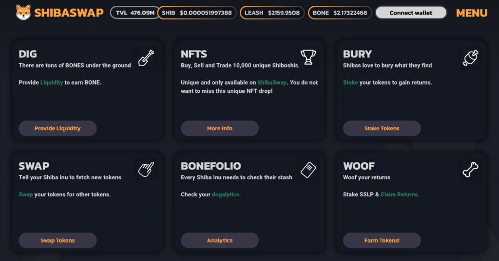Exchanges descentralizados: la página principal del exchange descentralizado ShibaSwap