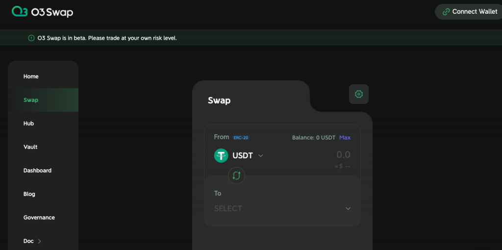 Exchanges descentralizados: la página principal del exchange descentralizado O3 Swap