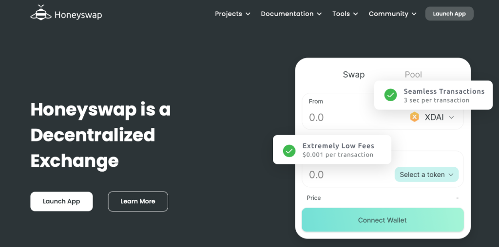 Exchanges descentralizados: la página principal del exchange descentralizado Honeyswap