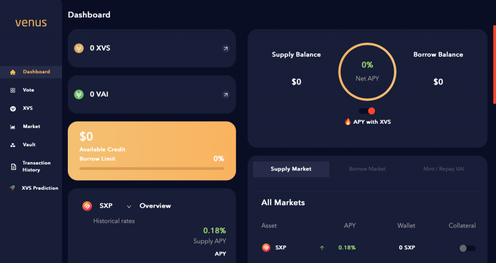 Exchanges descentralizados: la página principal del exchange descentralizado Venus