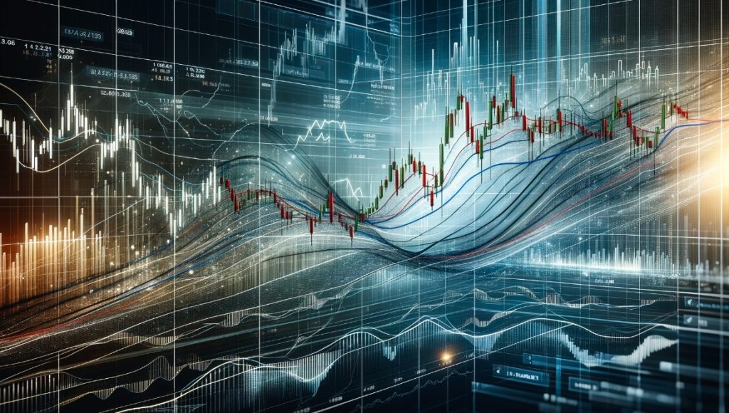 MACD trading strategy: Moving Average Convergence Divergence (MACD) in trading, featuring a financial chart with two intersecting moving average lines against a backdrop of a stock market environment with various stock symbols and prices