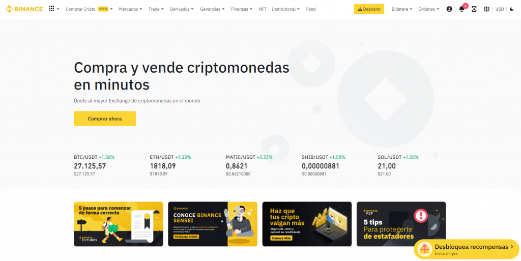 Página de inicio de la bolsa de criptomonedas Binance