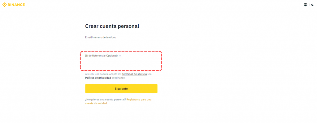 Ventana de registro Binance. El campo para el ID de referencia Binance aparece resaltado en rojo