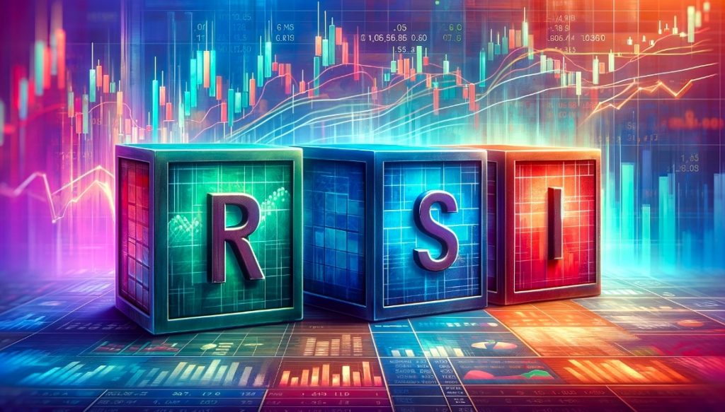 three block pieces with the bold letters 'R', 'S', and 'I' arranged in a row, set against a colorful background of financial trading graphics including graphs, charts, and numerical data