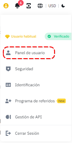 Menú “Panel de usuario” en Binance resaltado en rojo