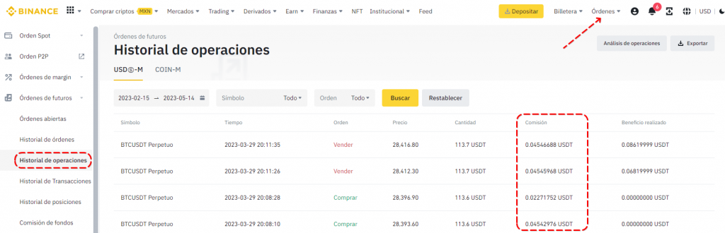 Historial de operaciones Binance que muestra comisiones del usuario