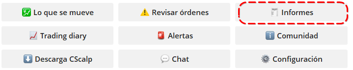 Bot de Telegram de CScalp con el botón Informes que muestra estadísticas de trading con comisiones Binance