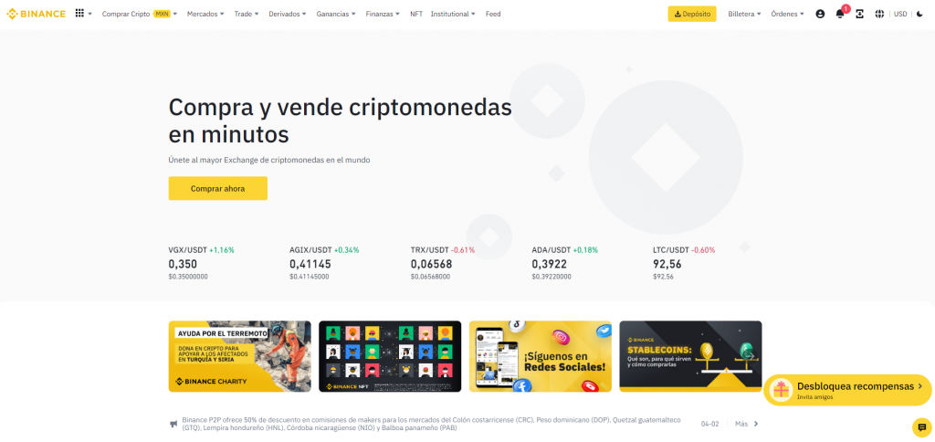 La ventana principal de Binance exchange