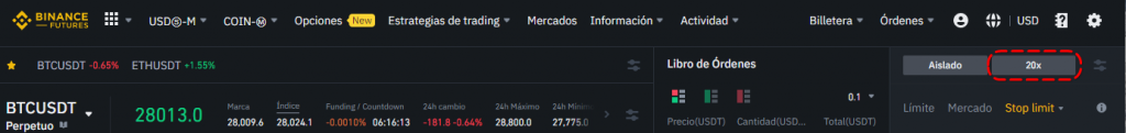 El botón de Binance exchange para ajustar el apalancamiento