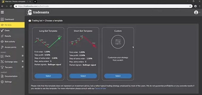 La interfaz de la app de trading TradeSanta