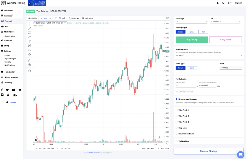 La interfaz de la app de trading WunderTrading