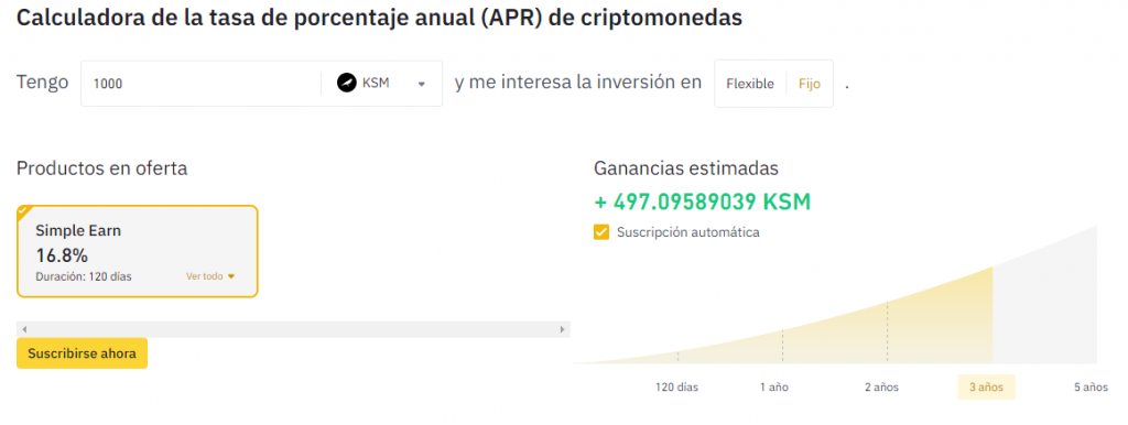 Calculadora de cripto staking de Binance que calcula la ganancia de KSM