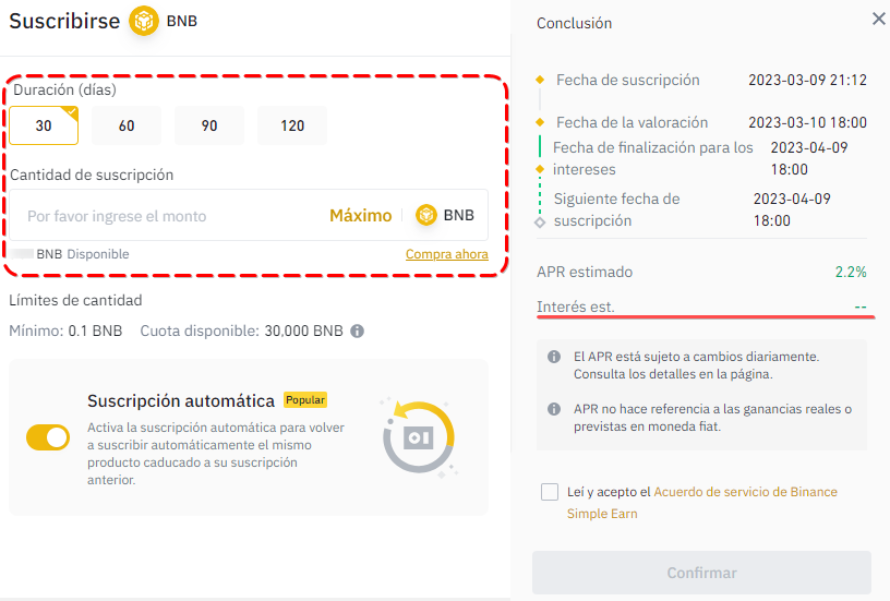  Ventana de Binance para seleccionar el plazo de cripto staking de BNB