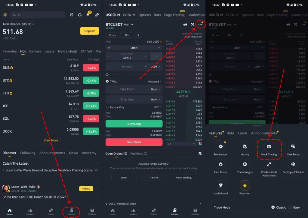 How to switch to the simulator in the mobile app, Binance Demo