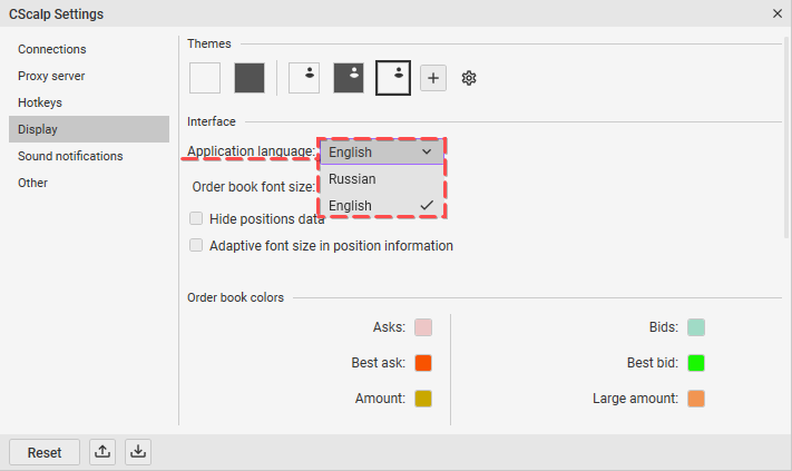 How to change language, CScalp language, CScalp features, CScalp settings, trading terminal, crypto trading terminal