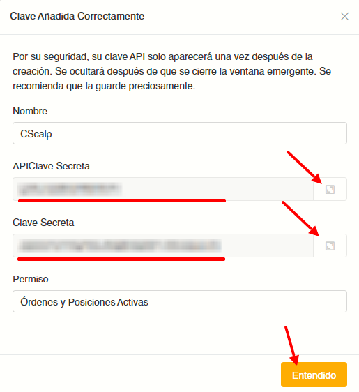 Las claves API creadas con éxito en Bybit