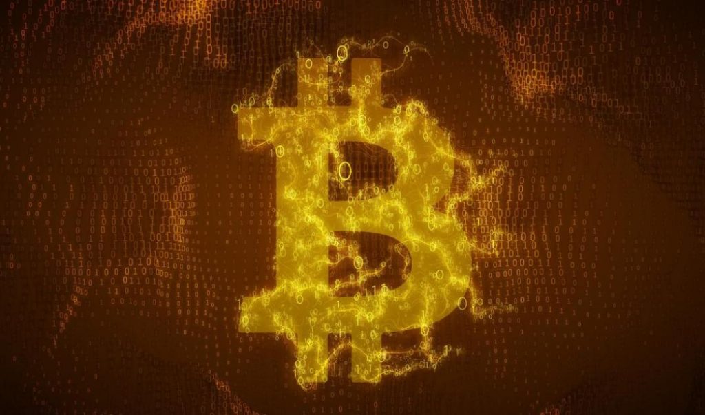 Bitcoin risk trading: A golden Bitcoin token constructed with flowing binary numbers