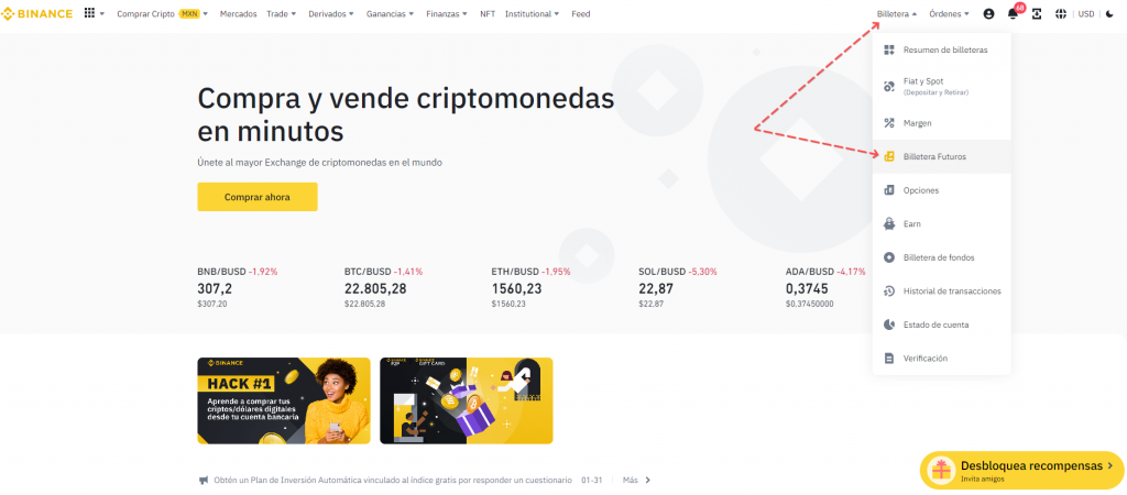 Menú del exchange para abrir la billetera de futuros COIN-M en Binance