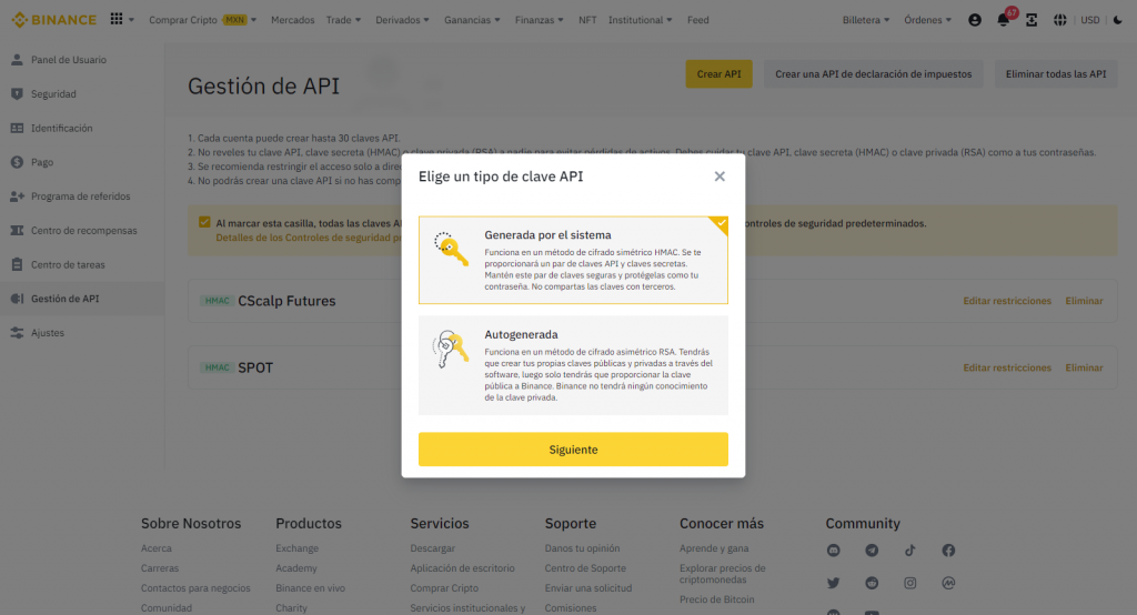 Menú para etiquetar la clave API Binance Futuros