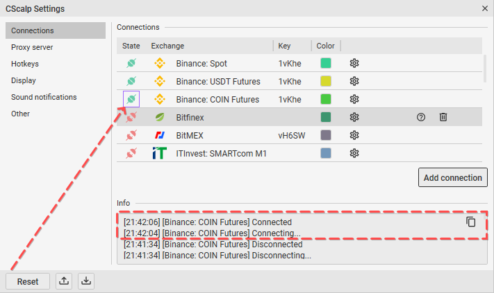 Ventana de ajustes de la plataforma de trading CScalp para confirmar la conexión entre CScalp y futuros COIN-M en Binance