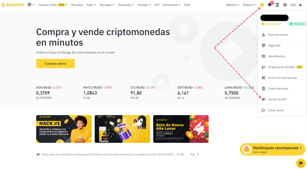 Menú para gestionar las claves API Binance