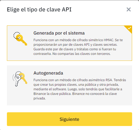 Menú para seleccionar el tipo de clave API Binance