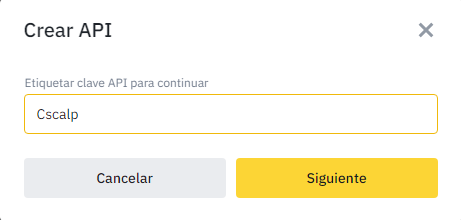 Menú para etiquetar la clave API Binance