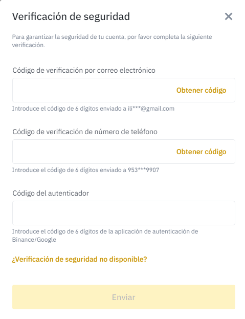 Ventana para verificación de identidad Binance