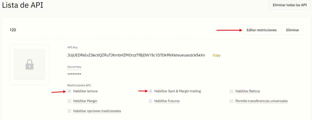 Menú con restricciones API Binance