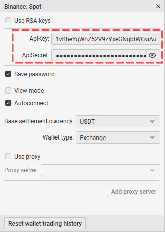 Ventana de ajustes de la plataforma de trading CScalp para conectar a Binance